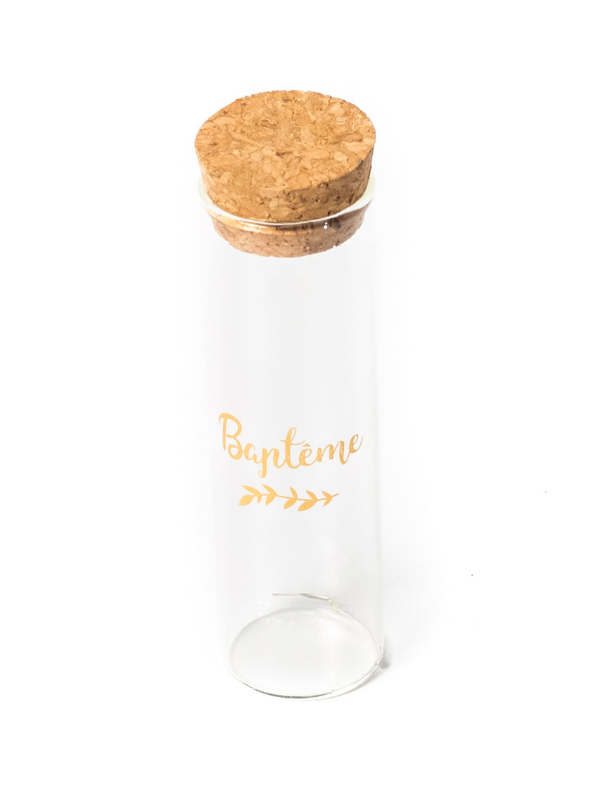 Tube à essai en verre baptême 3 x 10 cm avec laurier doré
