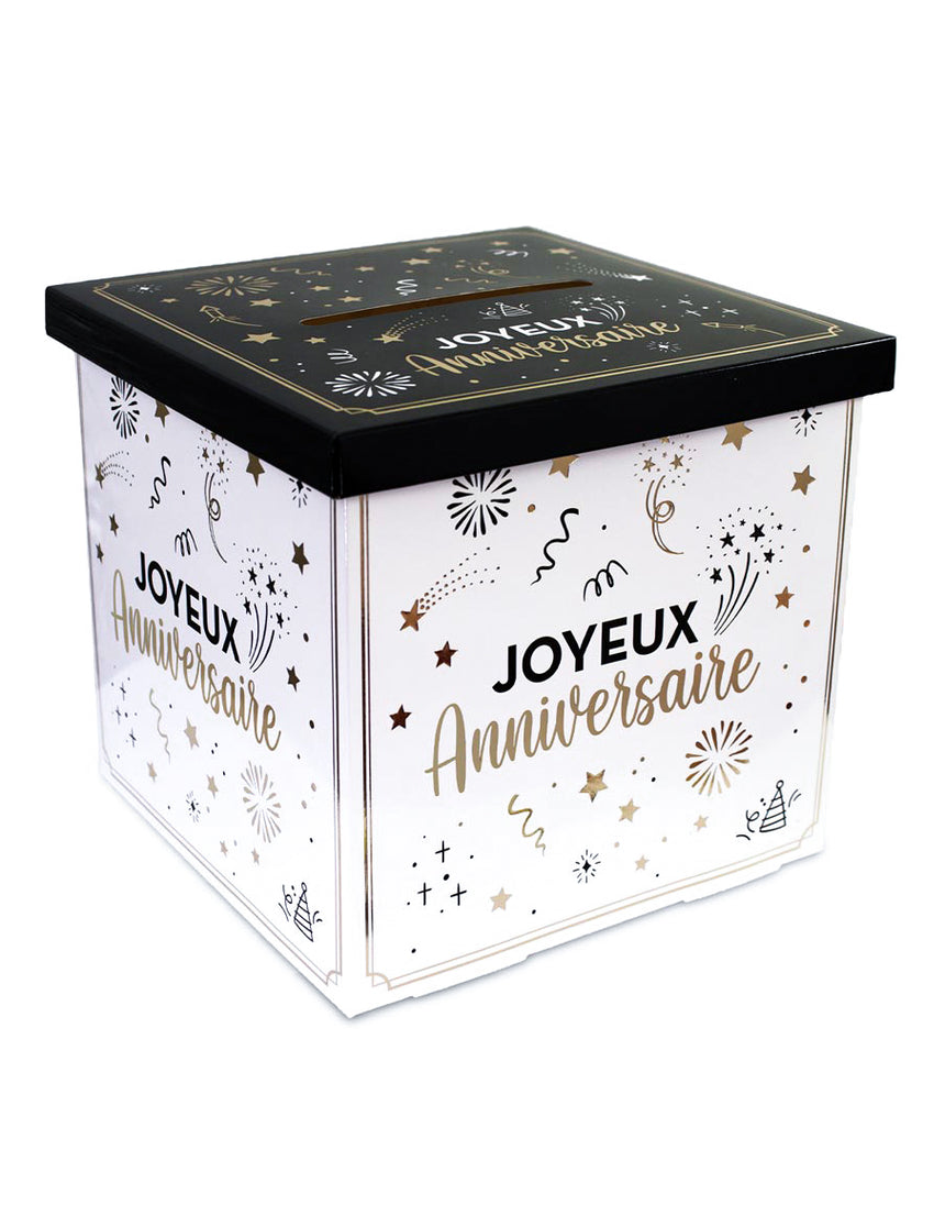 Urne en carton joyeux anniversaire blanche, doré et noir