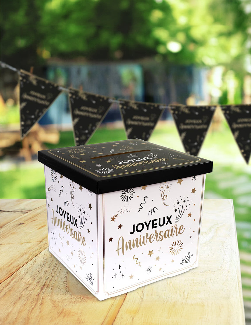 Urne en carton joyeux anniversaire blanche, doré et noir